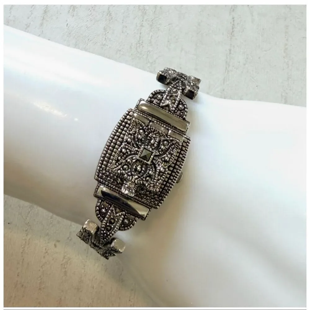 Lee Sands Mother of Pearl Hidden Watch Marcasite Style Quartz Bracelet Watch Art
